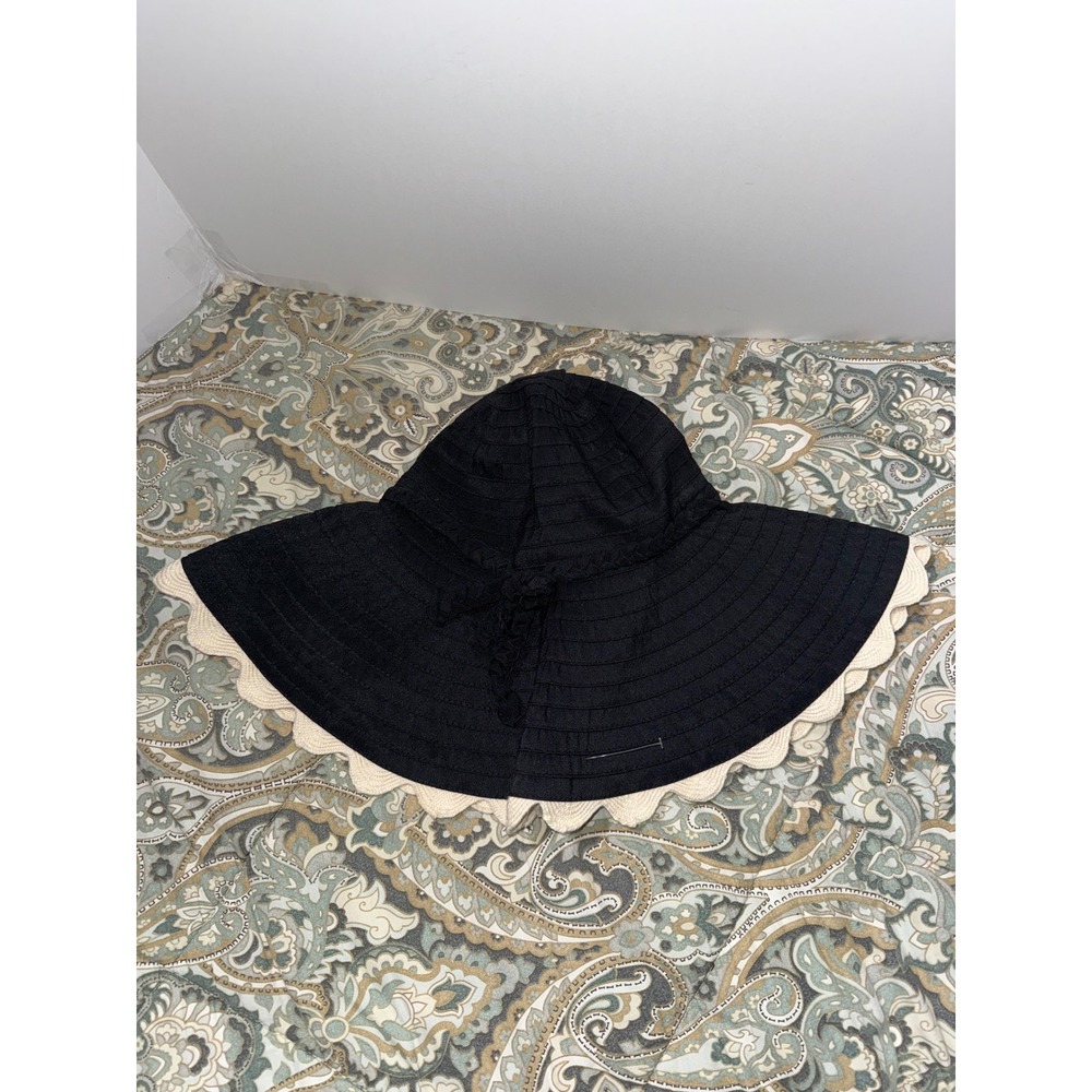 Mud Pie Bag Lady Black Floppy Sun Hat Scalloped Cream Brim Bow Accent Wide Brim